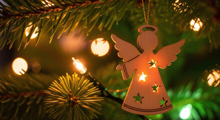 A delicate wooden angel ornament glows with warm light amidst a festive christmas tree adorned with bokeh lights