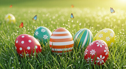 Colorful easter eggs scattered on a lush green grassy field with butterflies