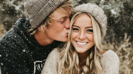 Affectionate young couple joyfully sharing a playful winter moment in a beautiful snowy landscape.