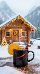 Warm drink with orange slice sits in front of a cozy cabin decorated with lights during snowy winter