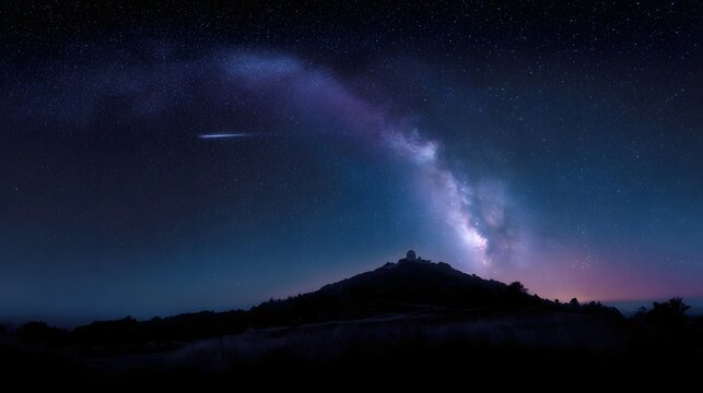 A meteor streaks across the star filled night sky above a silhouetted hill featuring a distant observatory