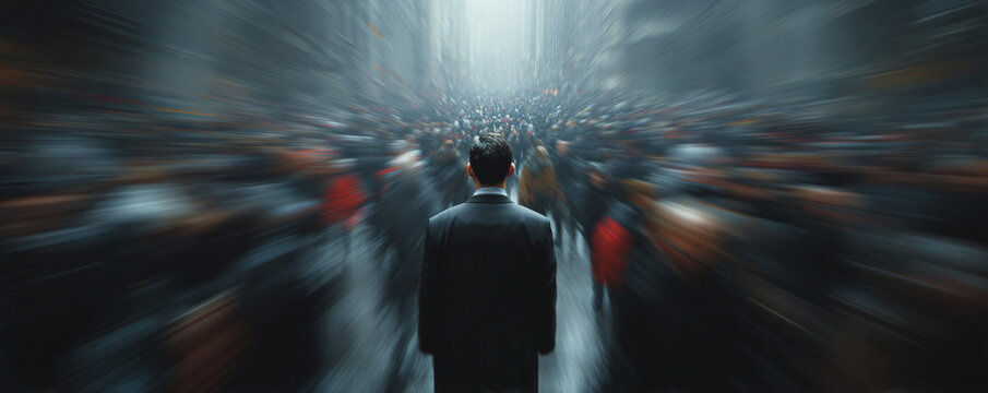 Man feeling lonely among large blurring city crowd, facing the urban mass