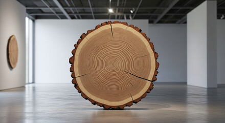 Large oval wooden slice sculpture displayed in a modern art gallery exhibition space