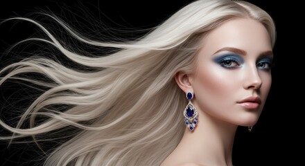 Obraz premium Beautiful blonde woman with elegant makeup and sapphire jewelry in a beauty portrait featuring long flowing hair against a black background