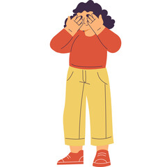 Woman Covering Eyes With Hands Wearing Orange Shirt Yellow Pants And Red Sneakers White Background