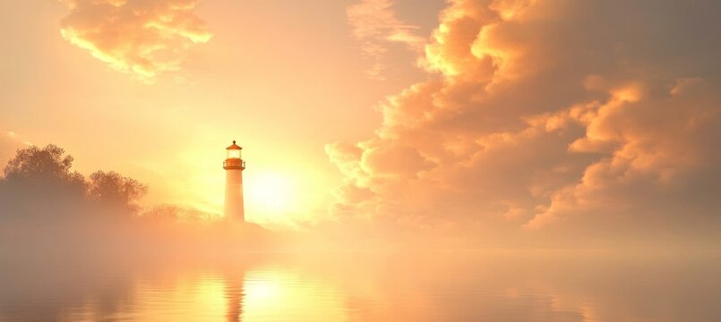 Tranquil Sunrise Over Foggy Coastal Landscape Featuring A Historic Lighthouse And Serene Waters - Powered by Adobe