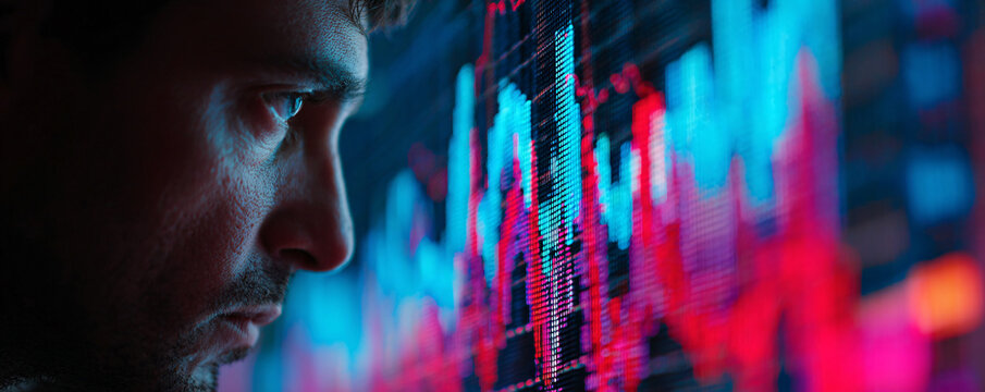 Man focusing on stock market graphs, making informed decisions on crypto and finance
