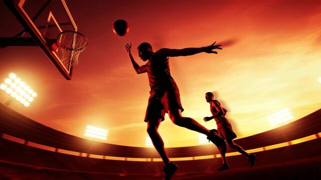 Basketball players in dramatic stadium setting