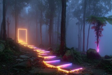 A neon-lit path leads through a misty forest at night towards a glowing portal, inviting exploration and wonder.