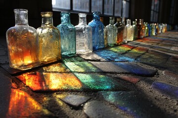 Colorful glass bottles lined up on a brick floor, casting vibrant rainbow reflections from a sunlit window.
