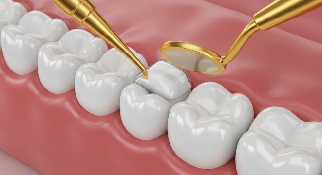 Close up of a dental examination showing a dentist s tools inspecting healthy white teeth in a gum model
