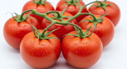 Freshly harvested vine tomatoes with water droplets on a clean white background