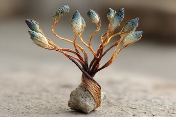 Intricate Wire Sculpture: A miniature tree with blue-gray pods and a stone base, showcasing exquisite craftsmanship.