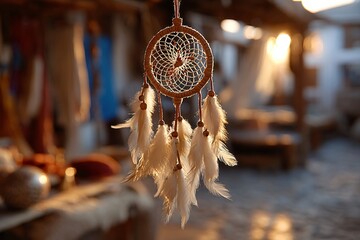 A beautiful dreamcatcher with white feathers hanging in a soft, warm, sunset light, creating a mystical atmosphere.
