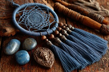 A handcrafted blue dreamcatcher with tassels, wooden beads, and a metal amulet on a rustic wooden background.