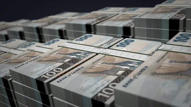Zambia kwacha Zambian money banknote bundle growth up loop. 100 ZMW stacks. Concept of cash pack, banking, travel, business, economy and finance 3d loopable seamless.