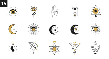 Collection of mystic symbols and celestial elements with astrology and esoteric themes
