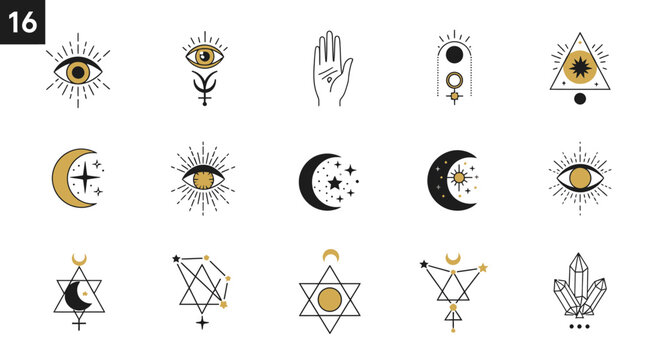 Collection of mystic symbols and celestial elements with astrology and esoteric themes