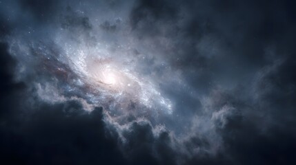 Obraz premium A majestic spiral galaxy glows brightly amidst swirling dark stormy cosmic clouds in the vast expanse of space