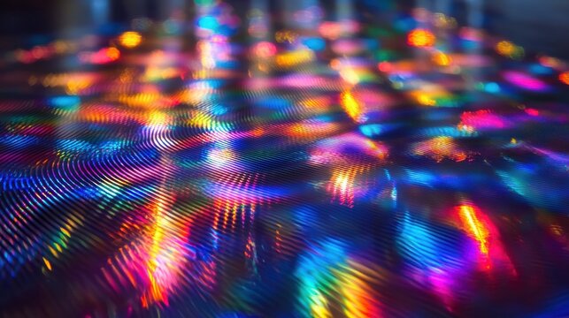 Holographic grating patterns creating vibrant laser interference with diffracted light waves producing rainbow spectrum across reflective surface under controlled lighting