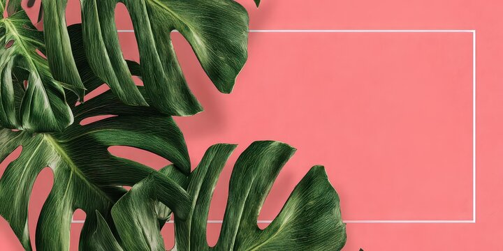 Tropical Monstera Leaves Against Coral Pink Background with a White Frame for Text and Graphic Overlay