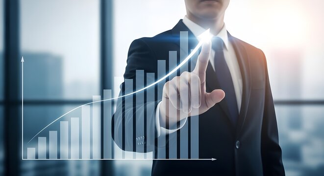 Businessman interacting with a rising financial stock market graph and data visualization on a futuristic interface - Powered by Adobe