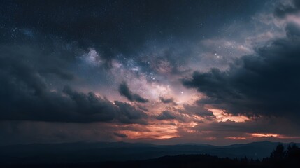A dramatic night sky showcases the Milky Way galaxy above silhouetted mountains with a colorful sunset glow on the horizon