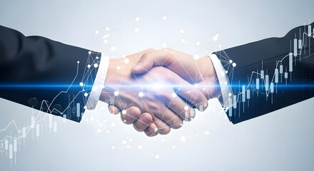 Business partners shaking hands with futuristic digital financial data overlay and glowing light effects