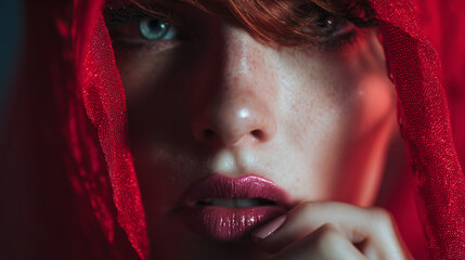 Woman's intense gaze behind red veil creating mystery and allure