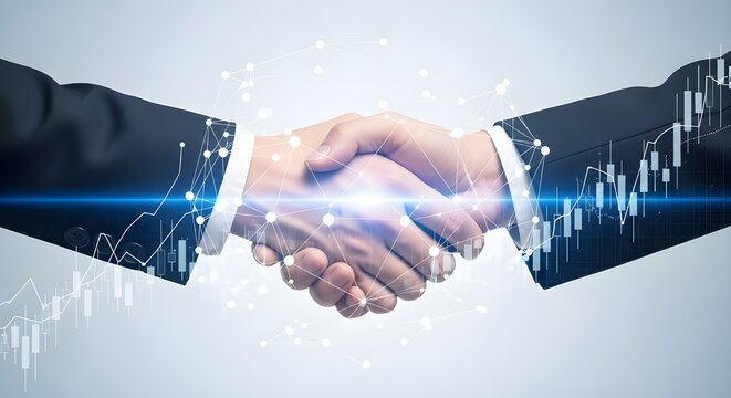 Business partners shaking hands with futuristic digital financial data overlay and glowing light effects - Powered by Adobe