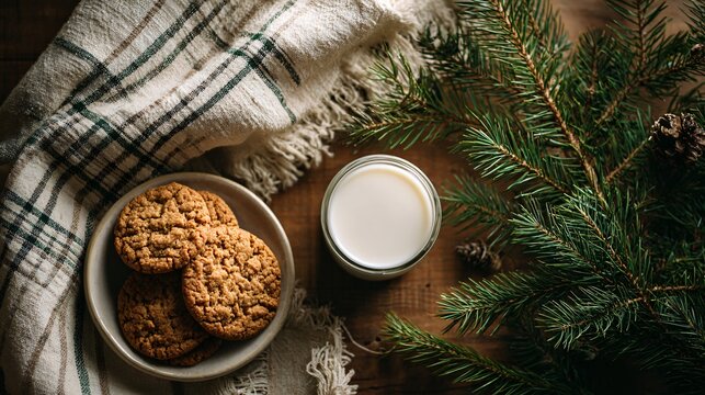 A festive flat lay cookies, milk, pine branches, neutral background