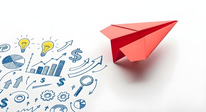 Red paper airplane launching from a cloud of business finance and strategy doodles and icons - Powered by Adobe