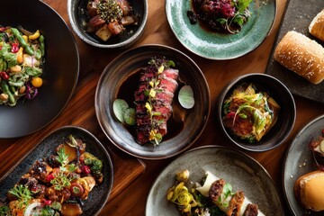 Vibrant spread of gourmet fusion cuisine showcasing diverse flavors and creative presentations in an upscale dining setting