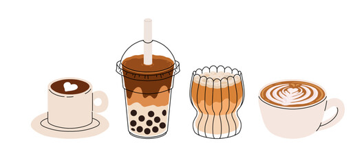Cute coffee drinks collection, kawaii cups with latte art, whipped cream, boba tea, and cozy espresso. Adorable hot beverages set, cartoon flat vector illustration for cafe menu, stickers