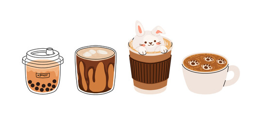 Cute coffee drinks collection, kawaii cups with latte art, whipped cream, boba tea, and cozy espresso. Adorable hot beverages set, cartoon flat vector illustration for cafe menu, stickers