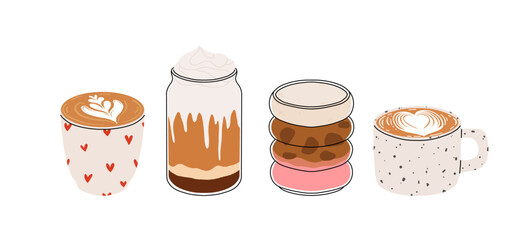 Cute coffee drinks collection, kawaii cups with latte art, whipped cream, boba tea, and cozy espresso. Adorable hot beverages set, cartoon flat vector illustration for cafe menu, stickers