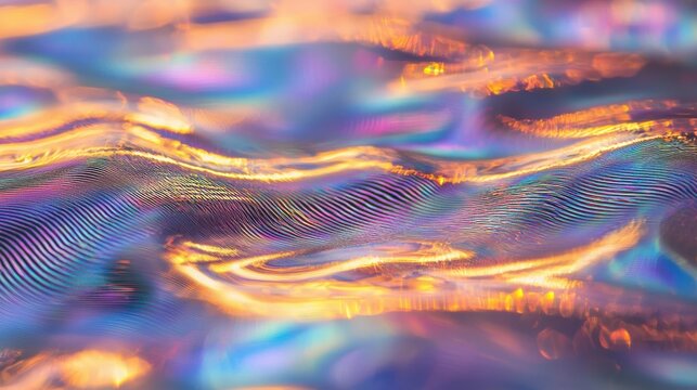 Wave pattern diffraction laser interference creates vibrant spectral lines with iridescent color gradients flowing across optical surface textures sharp focus details