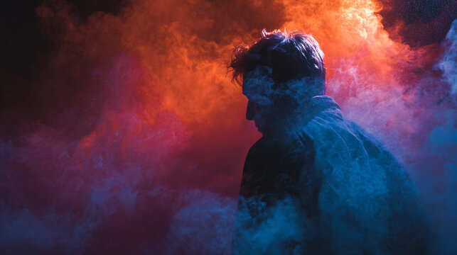 Man silhouette contemplating chaos amidst swirling colorful powder and smoke - Powered by Adobe