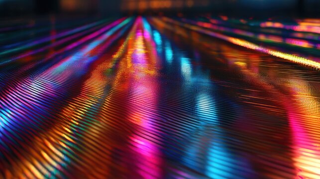 Holographic grating patterns displaying vibrant spectral diffraction with rainbow interference fringes across reflective optical surface under precise illumination