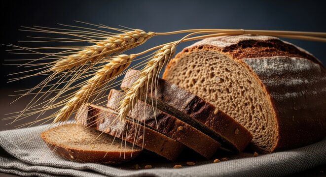 Freshly baked whole grain bread with golden wheat on a cloth background