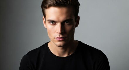 Portrait of a young man with striking features and intense gaze captured in a minimalist setting
