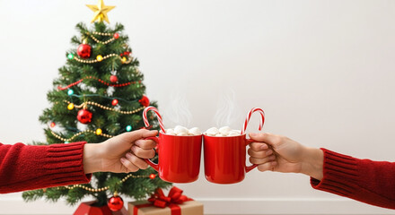 Hands clinking red mugs of hot chocolate with marshmallows in front of a decorated christmas tree