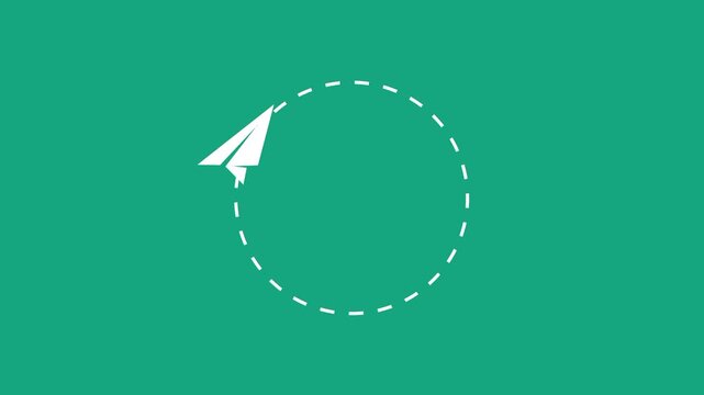A rotating paper plane circling a dotted globe path symbolizing global movement, communication, and continuous international connection across the world