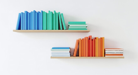 Colorful books neatly arranged on two light wood shelves against a white wall