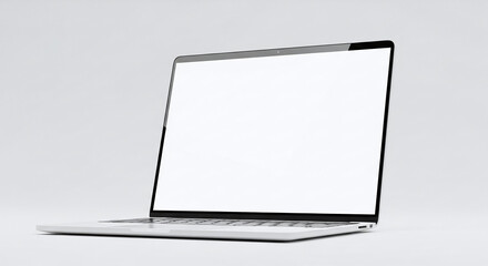 Modern sleek silver laptop with blank white screen on a clean light gray background