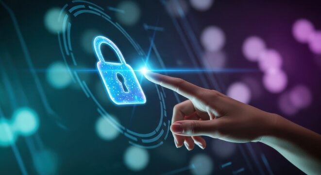 Hand interacts with glowing padlock symbol on digital screen at night, representing cybersecurity and data protection