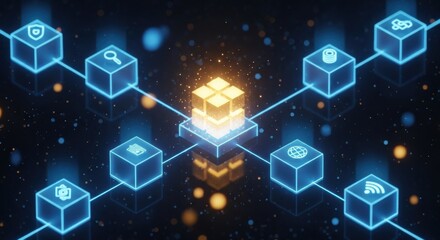 Fototapeta premium Network of glowing digital blocks showcasing interconnected technology in a futuristic setup