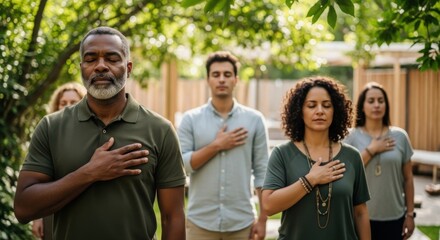 Obraz premium Group practice of mindfulness meditation in a serene outdoor setting during daytime