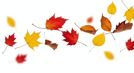 Vibrant autumn leaves in various shades of red orange and yellow falling against a clean white background