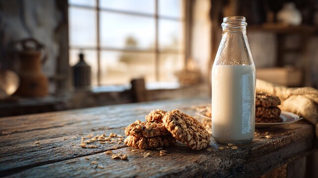 A rustic wooden table with milk bottle and oatmeal cookies, cozy farmhouse feel